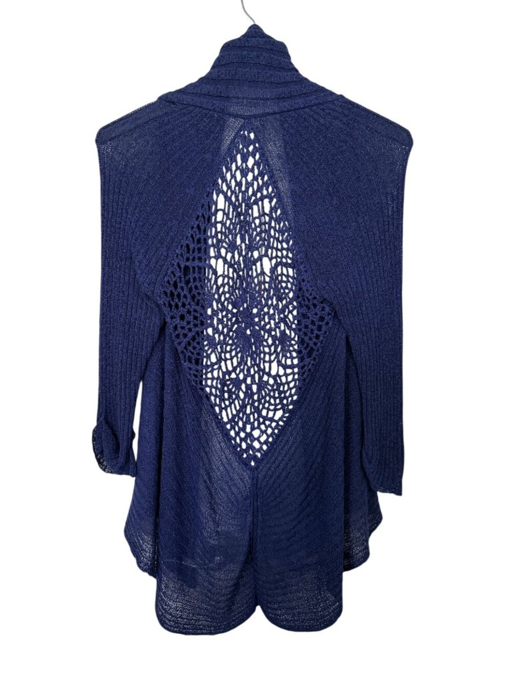 Navy Blue Open Front Knit Cardigan S Shawl Collar Crochet Back Boho Romantic - Picture 4 of 8